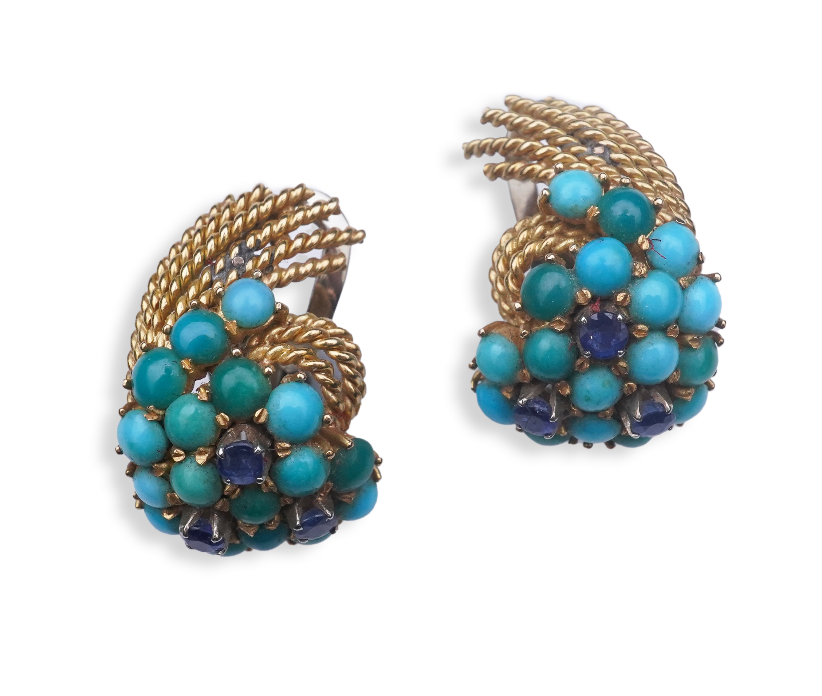 A pair of turquoise and sapphire ear clips, 1960s